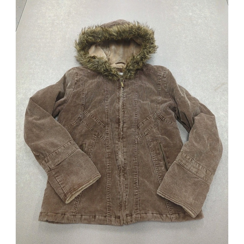 Vtg Dressbarn Corduroy Jacket Y2K Faux Fur Hood Brown Fairy Grunge Coat Cabin S